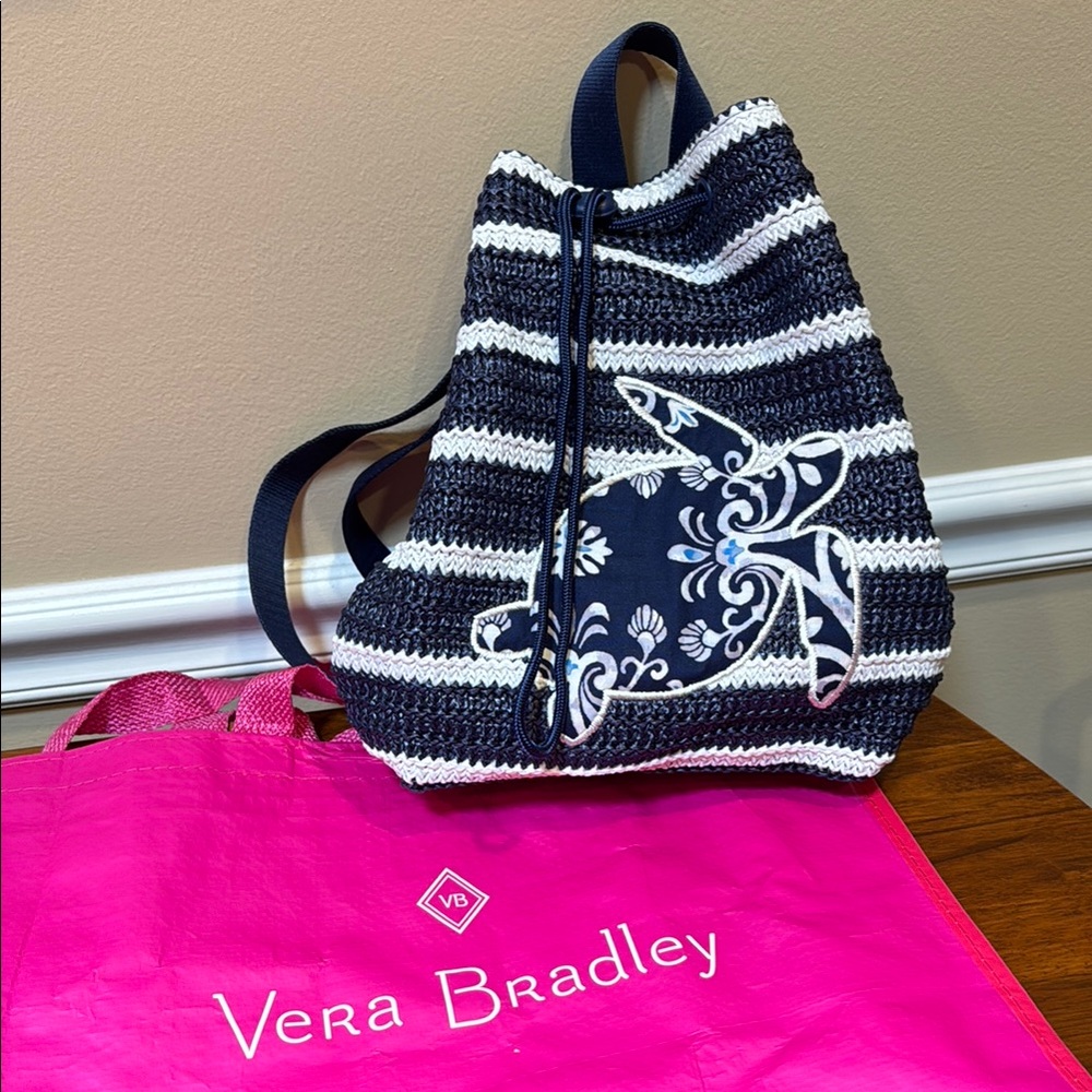 Vera Bradley Navy and White Striped Backpack with Turtle Design